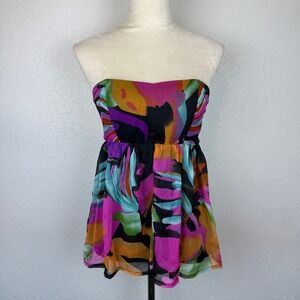 VTG Y2K Wet Seal Strapless Babydoll Abstract Top‎ Tropical Print Women's Size Sm